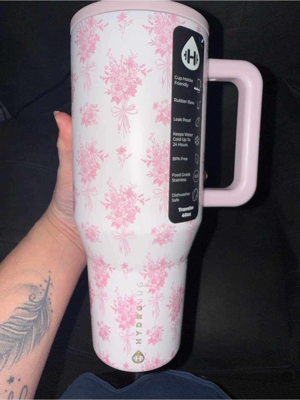 HydroJug White Travel Tumbler with Pink Floral Pattern and Pink Handle